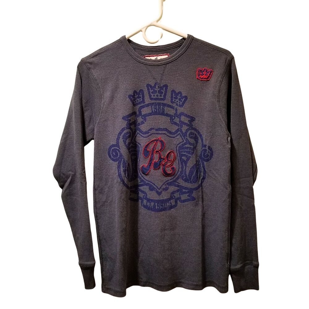 Bum Equipment Thermal Shirt Men's Medium Gray Blue Red Vintage Wash Long Sleeve